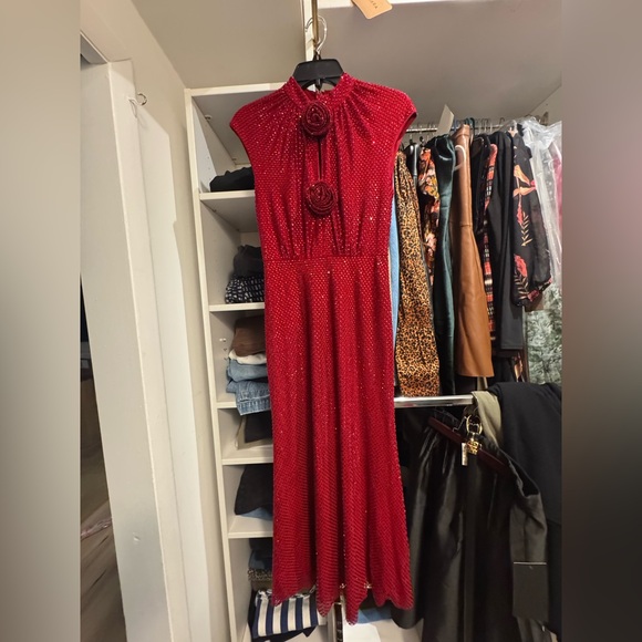 Self-Portrait Red Rhinestone Fishnet Midi Dress - Picture 8 of 10